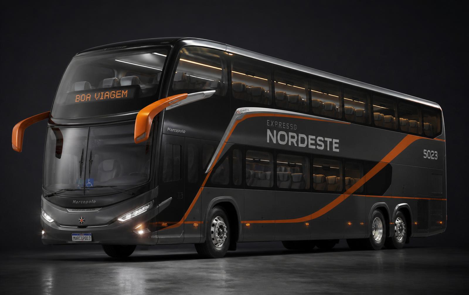 Ônibus de dois andares Expresso Nordeste renderizado em estúdio